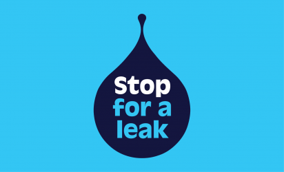 Dark blue water droplet on a bright blue background with the words 'Stop for a leak' inside, encouraging people to report water leaks.